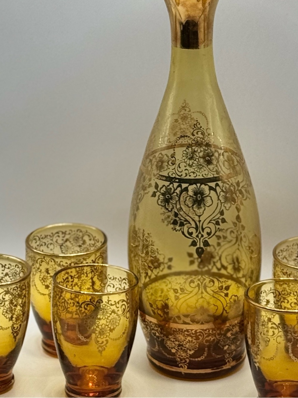 Vtg Laguna Murano Art Glass Decanter Set Amber/Gold Cordial Glasses 1920s Italy - Picture 9 of 11